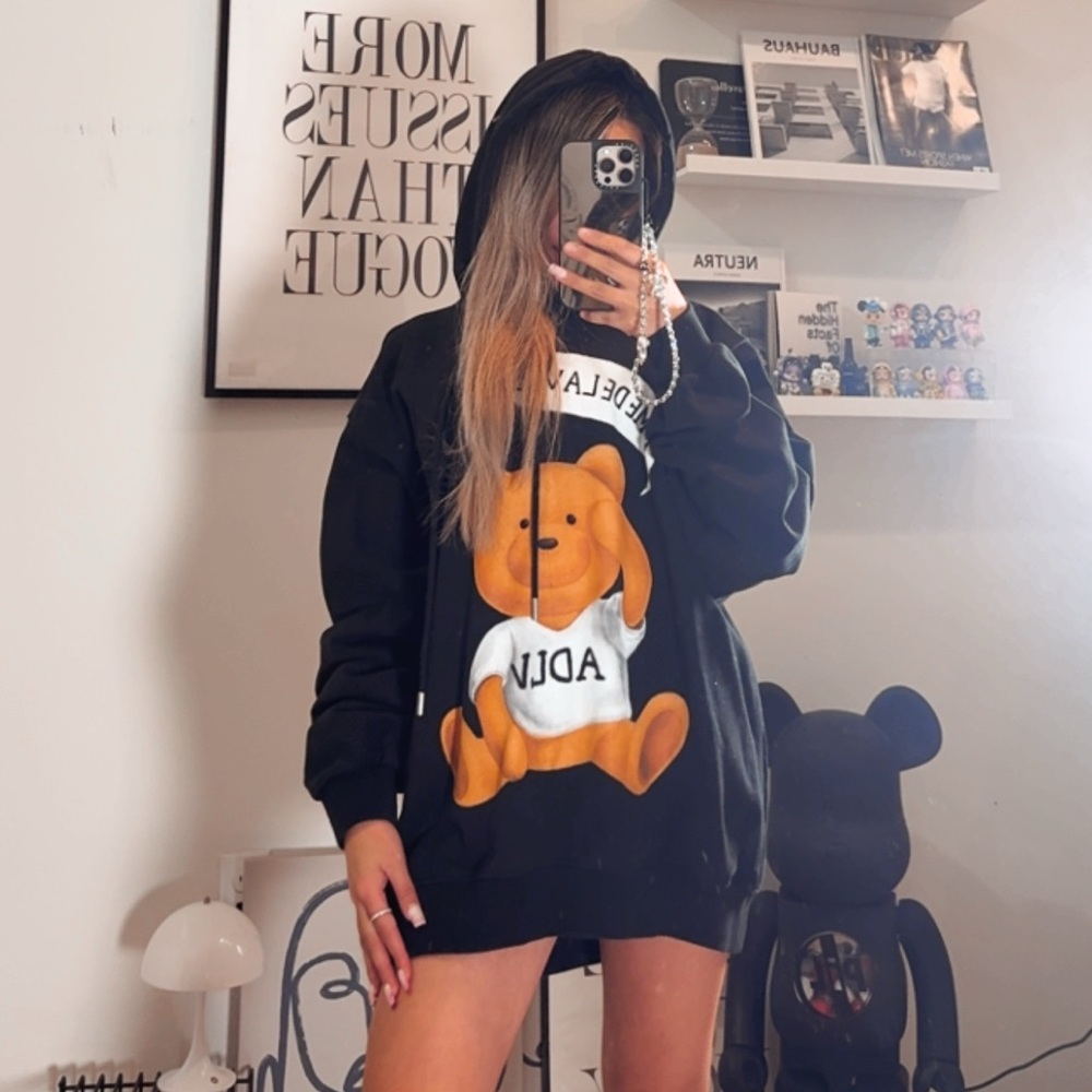 Black Hoodie with Bear Graphic